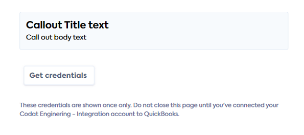 QBO Bank Feeds Link site showing custom callout text above the "Get credentials" button.